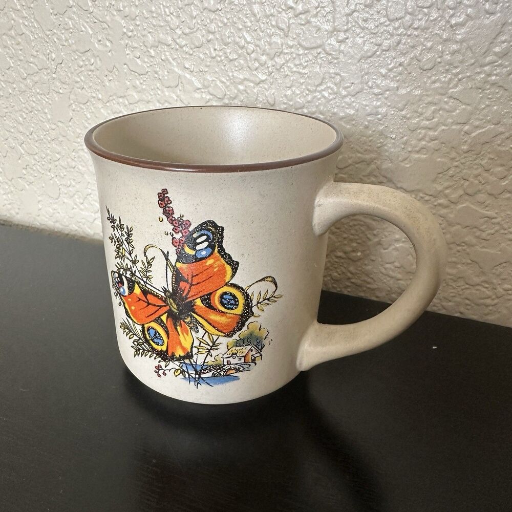 Vintage 60s‎ Stoneware Coffee Mug Orange Butterfly Cream Speckled